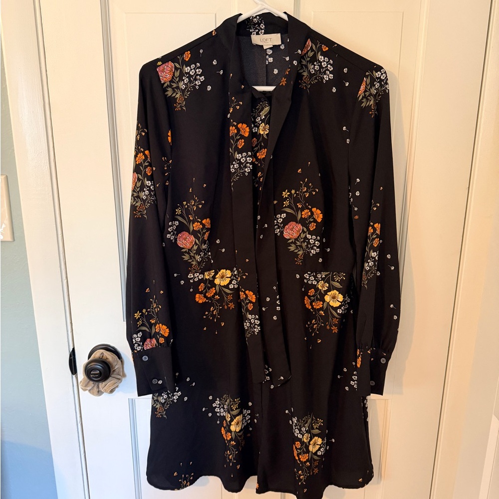 LOFT Black Floral Long Sleeve Dress
